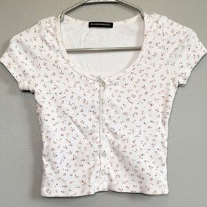 Brandy Melville Light Pink Floral Cropped Button Down Short Sleeve Top